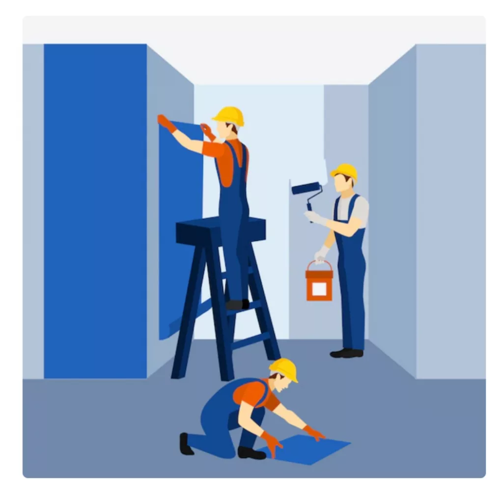 Représentation d’un peintre en train de réaliser des finitions sur les murs et plafonds d’une maison. Art-home vous propose des services de peinture intérieure et de rénovation à Cajarc et ses alentours.