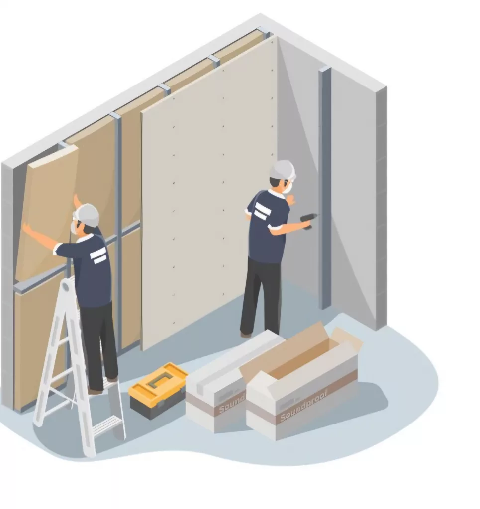 Illustration d’un plaquiste en plein travail, posant des plaques de plâtre pour une rénovation intérieure à Cajarc. Art-home vous offre des services de qualité en pose de plâtre et isolation thermique et phonique.